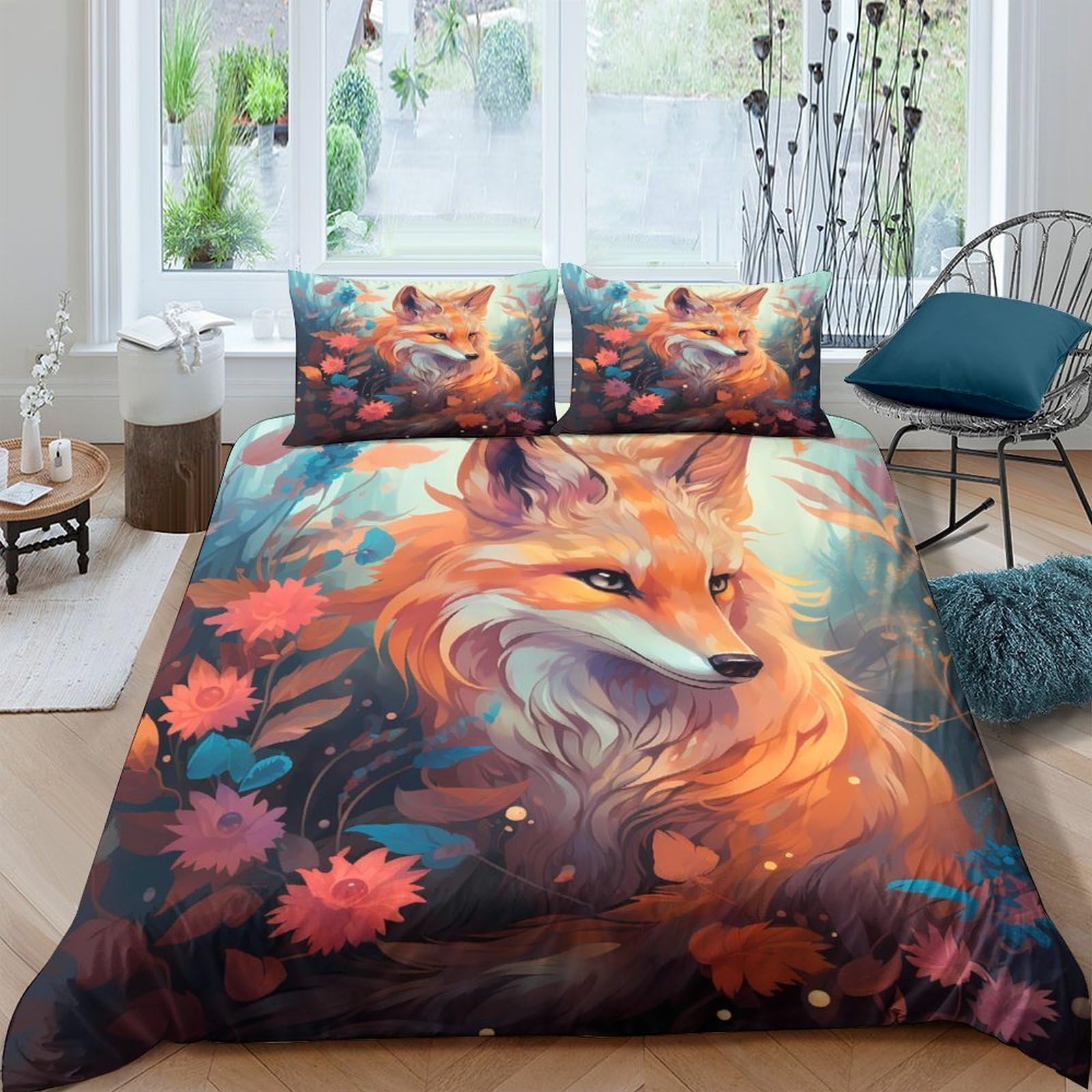 GPLZQXKJNH 3D Printed Fox Forest Duvet Cover Set Microfiber Soft Breathable Autumn Leaves Bedding Set with 2 Pillowcases for Bedroom Decor Single（135x200cm）