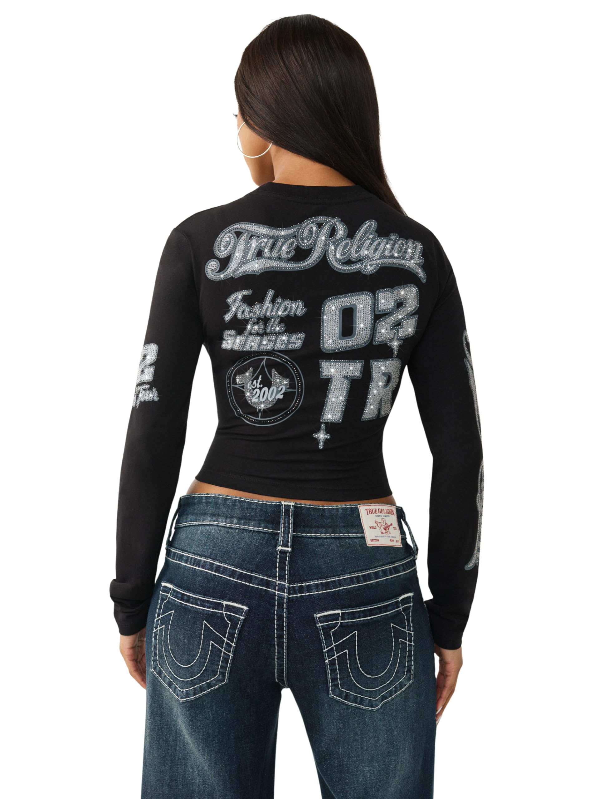 True Religion Damen Crystal Contrast Stitch Langarm Baby Tee - Strass Logo Slim Fit Rundhals Baumwollmischung Top