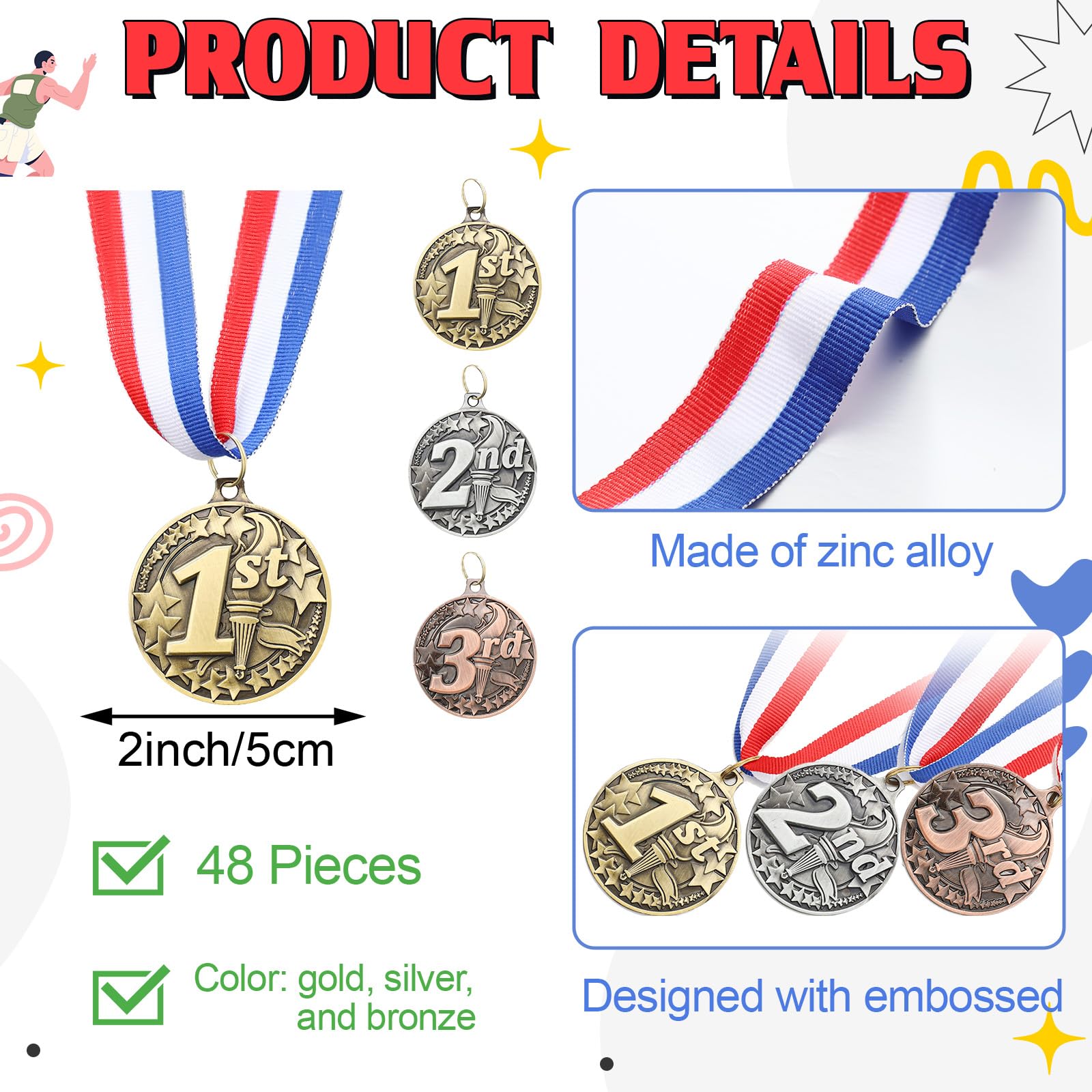 RoundFunny Medaillen für den 1., 2., 3. Platz, Medaillen für Auszeichnungen, Gewinnermedaille, Gold, Silber, Bronze, Medaille mit Halsband, Trophäe, Auszeichnung für Sportwettbewerbe, Party, 5,1 cm