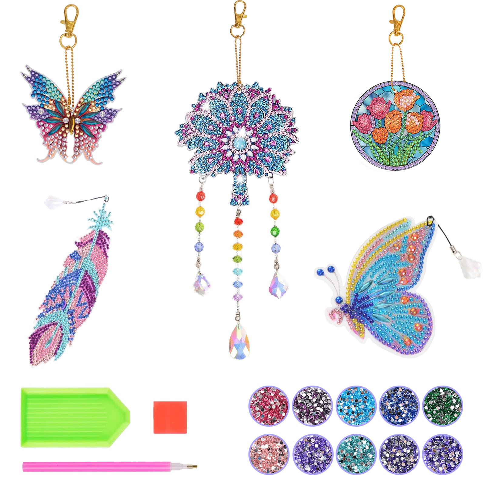 5 Pcs 5D Diamond Art Keychain Kits,Flowers&Feathers&Fan&utterfly Diamond Painting,Full Drill Crystal Pendant Key,Mosaic Diamond Craft Key Chain Kits,Crafts for Women Girls Purse Backpack Handbag Decor