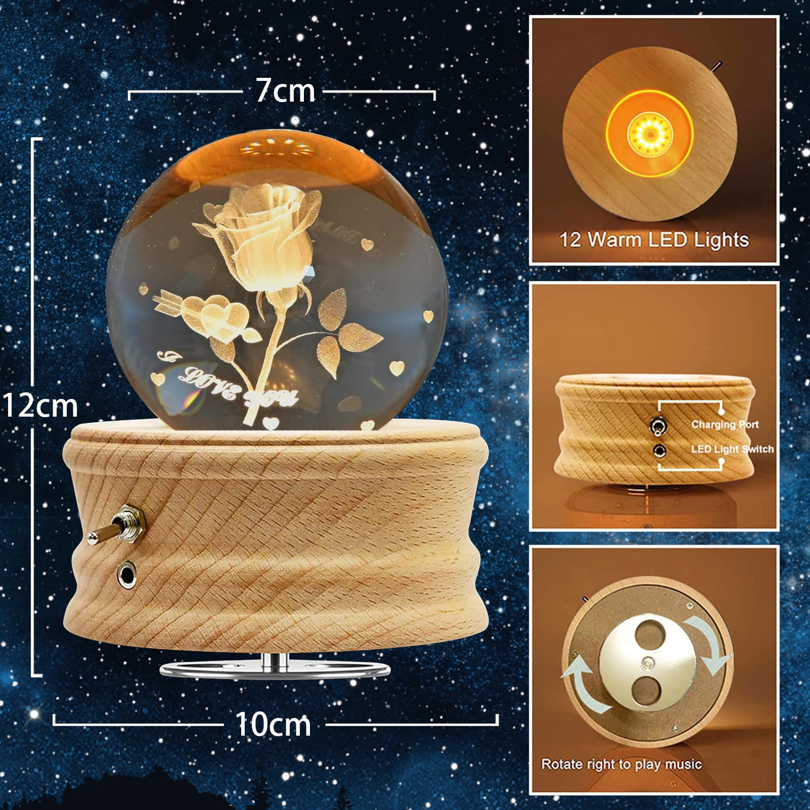Boîte à Musique Boule de Cristal 3D, Boîte à Musique Rotative Éclairée à 360° avec Projection de Lumière et Support en Bois, Cadeau pour Enfants, Femme et Mère(Rose)