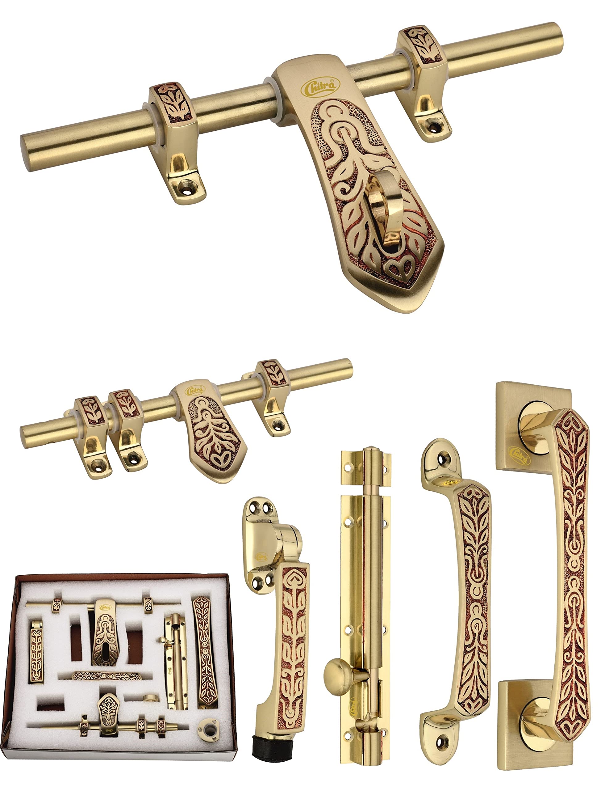 Chitra Carving Series Brass Heavy Single Door Fitting Accessories Full Set/Kit (1 Aldrop, 1 Latch, 2 Handles, 1 Tower Bolt and 1 Door Stopper) (10 Inch, Matt Brush Golden Copper) (B09C8TZ4P1) Amazon Price History, Amazon Price Tracker