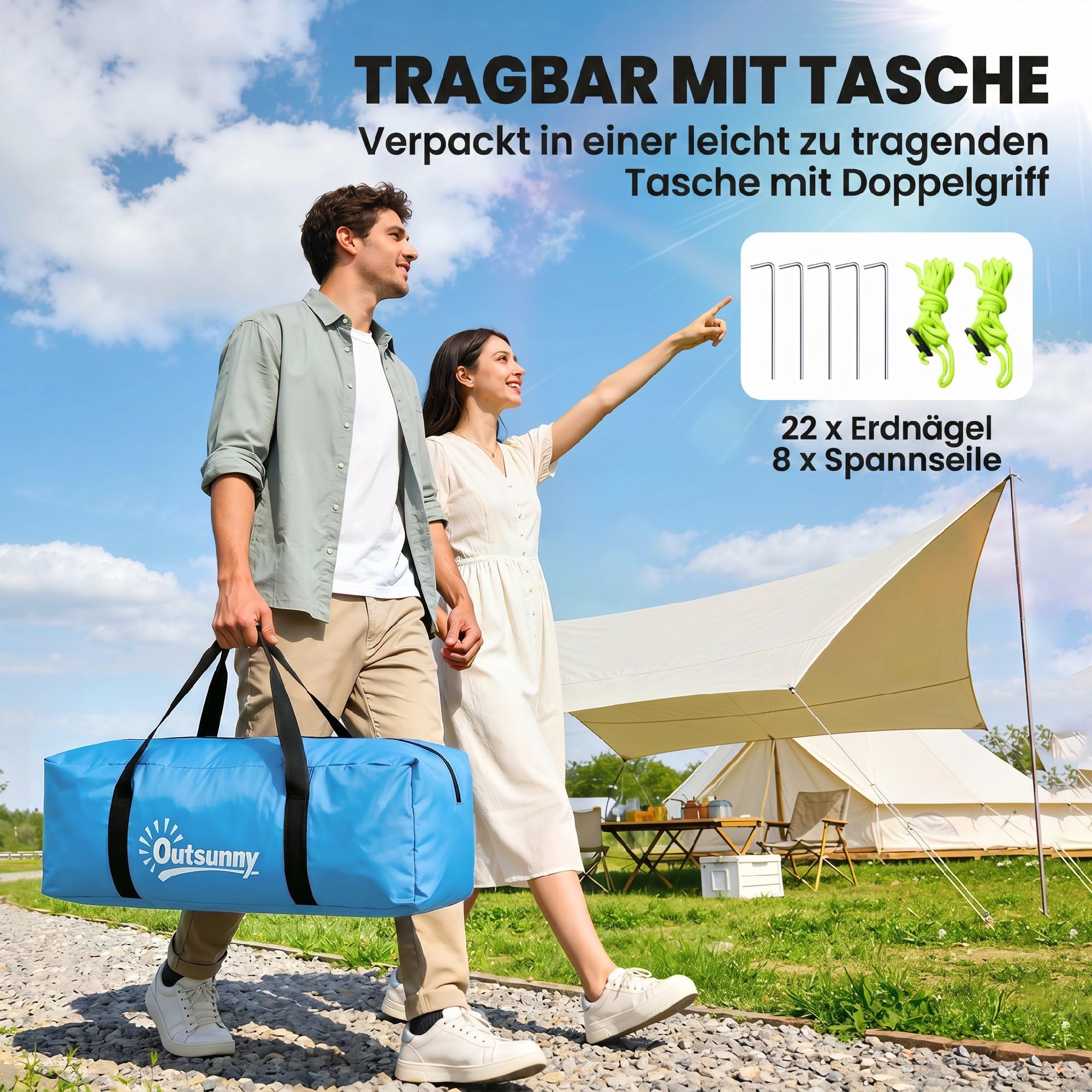 Outsunny Campingzelt für 4 Personen leicht, stabil Familienzelt mit Tür Fenster, Packtasche, Tunnelzelt mit 2000mm Wassersäule Zelt für Camping Reise Trekking Garten