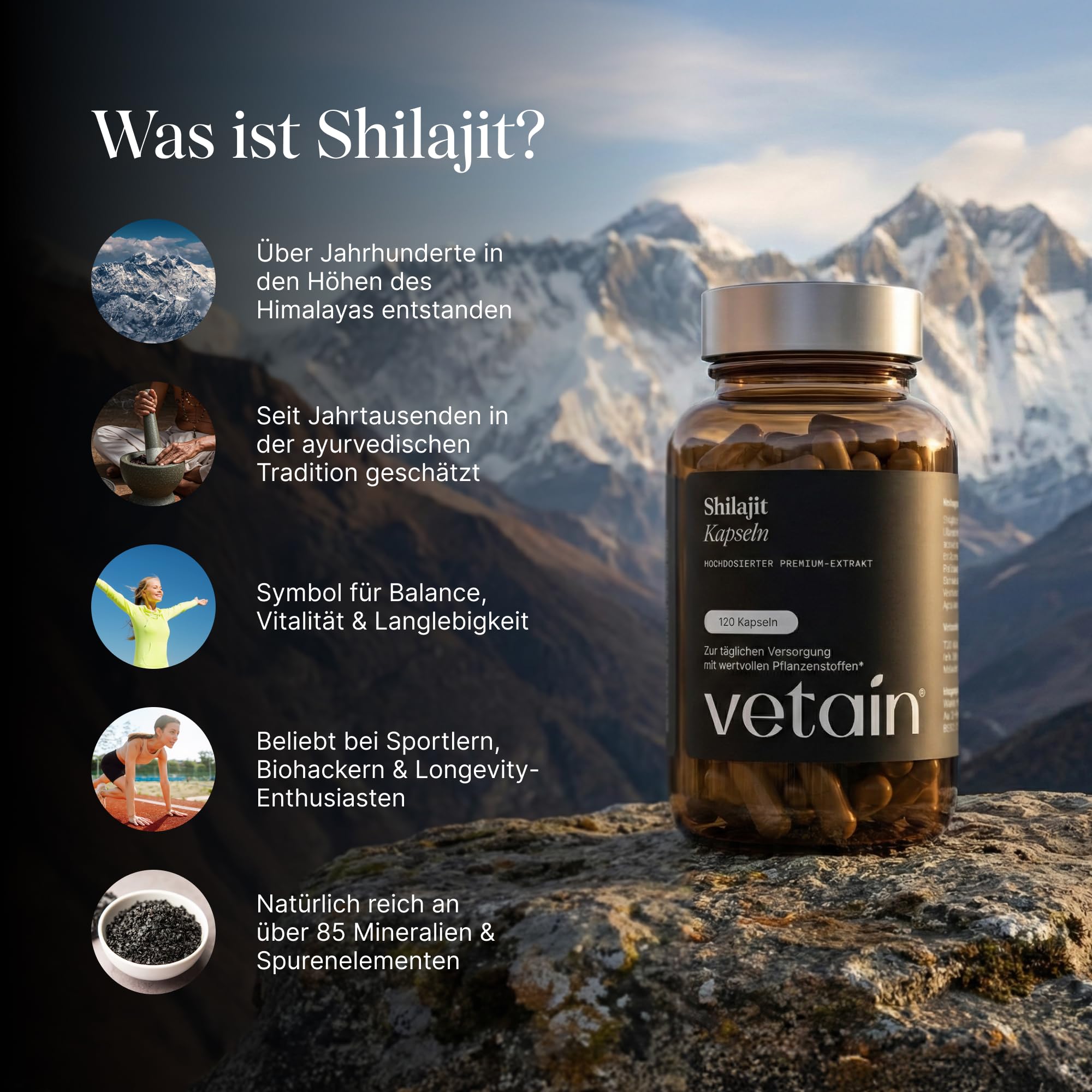 VETAIN Original Himalaya Shilajit - 800 mg - 50% Fulvinsäure & 12% Huminsäure - 120 Kapseln aus Shilajit Extrakt - Hochdosiert, vegan & ohne Zusätze – laborgeprüft & produziert in Deutschland
