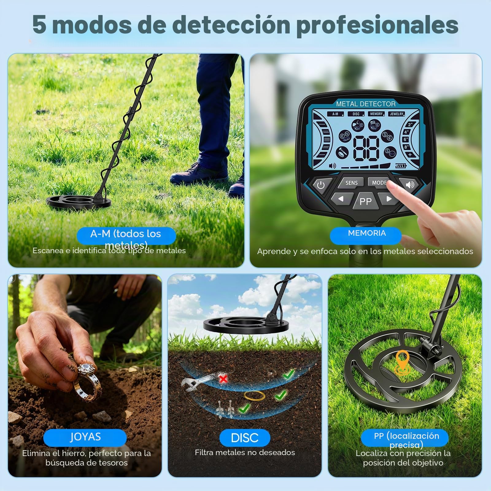 Detector de Metales para Adultos y Niños, Longitud, Sensibilidad y Audio Ajustables, Todos los Modos Metal/Disc/PP, Pantalla LCD, Kit de Detector de Oro Profesional para la Playa (GT965H)