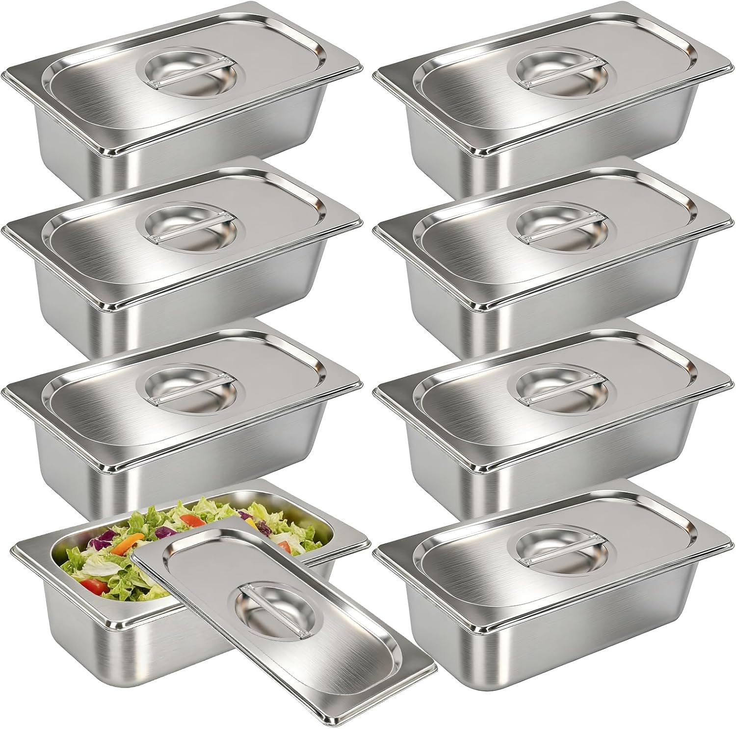8 Pack 1/3 Size Hotel Pans with Lids, Commercial Stainless Steel Steam Table Pan, 6 Inch Deep Metal Food Container for Catering, Home, Restaurant, Party, Buffet