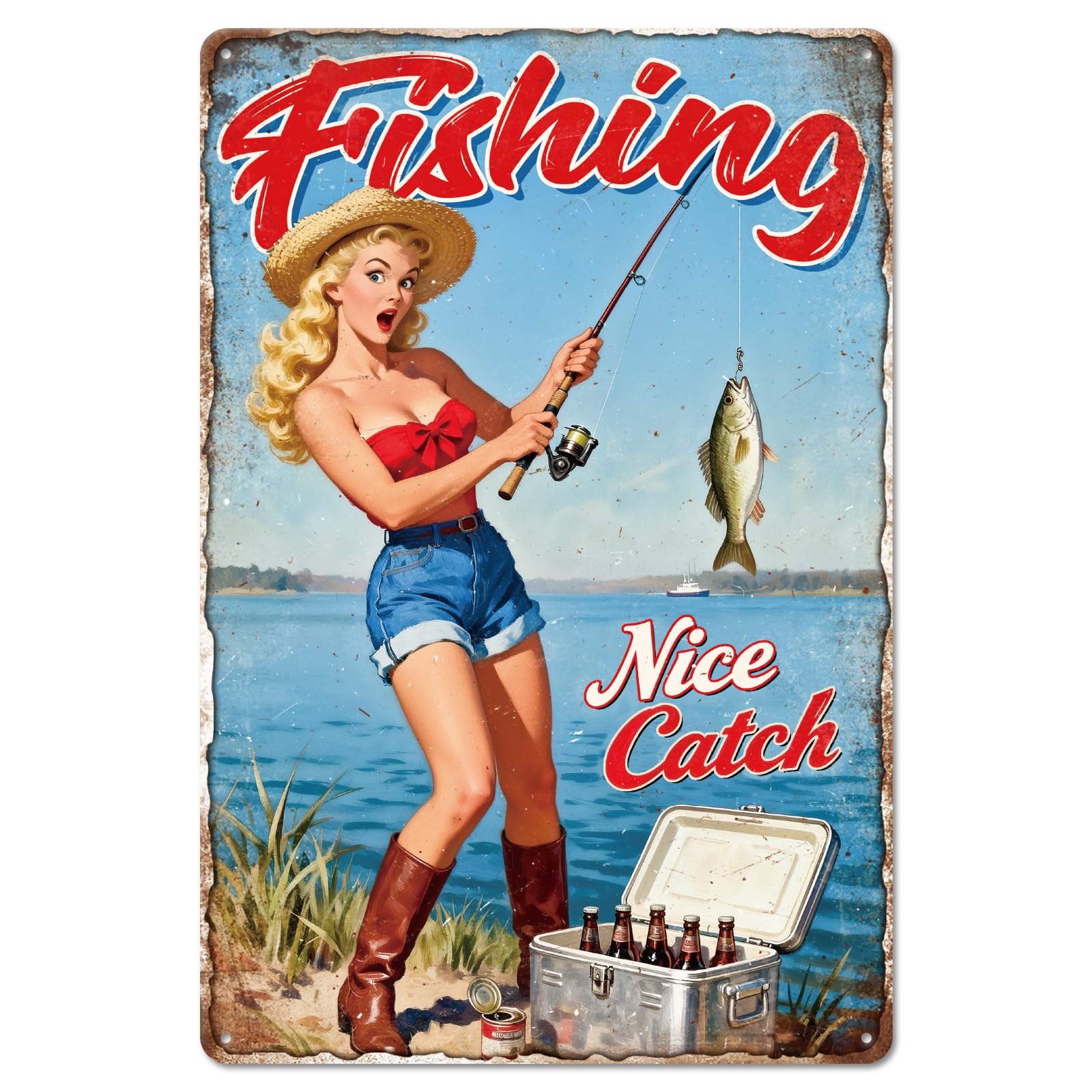 GLOBLELAND Fishing Beer Pin Up Lady Metal Tin Sign 8x12 inch "Fishing Nice Catch" Funny Vintage Painting Tin Signs Wall Poster Plaque for Summer Beach Pond Lake Pool Garden Patio
