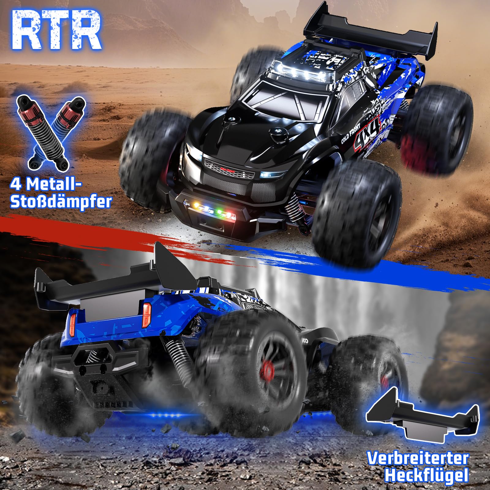 Samochód zdalnie sterowany 40 km/h, 1/14 RC samochód z 7 kolorowymi światłami, 2,4 GHz, pilot zdalnego sterowania z 2 bateriami 2000 mAh, 4 WD, monster truck zdalnie sterowany RTR All Terrain