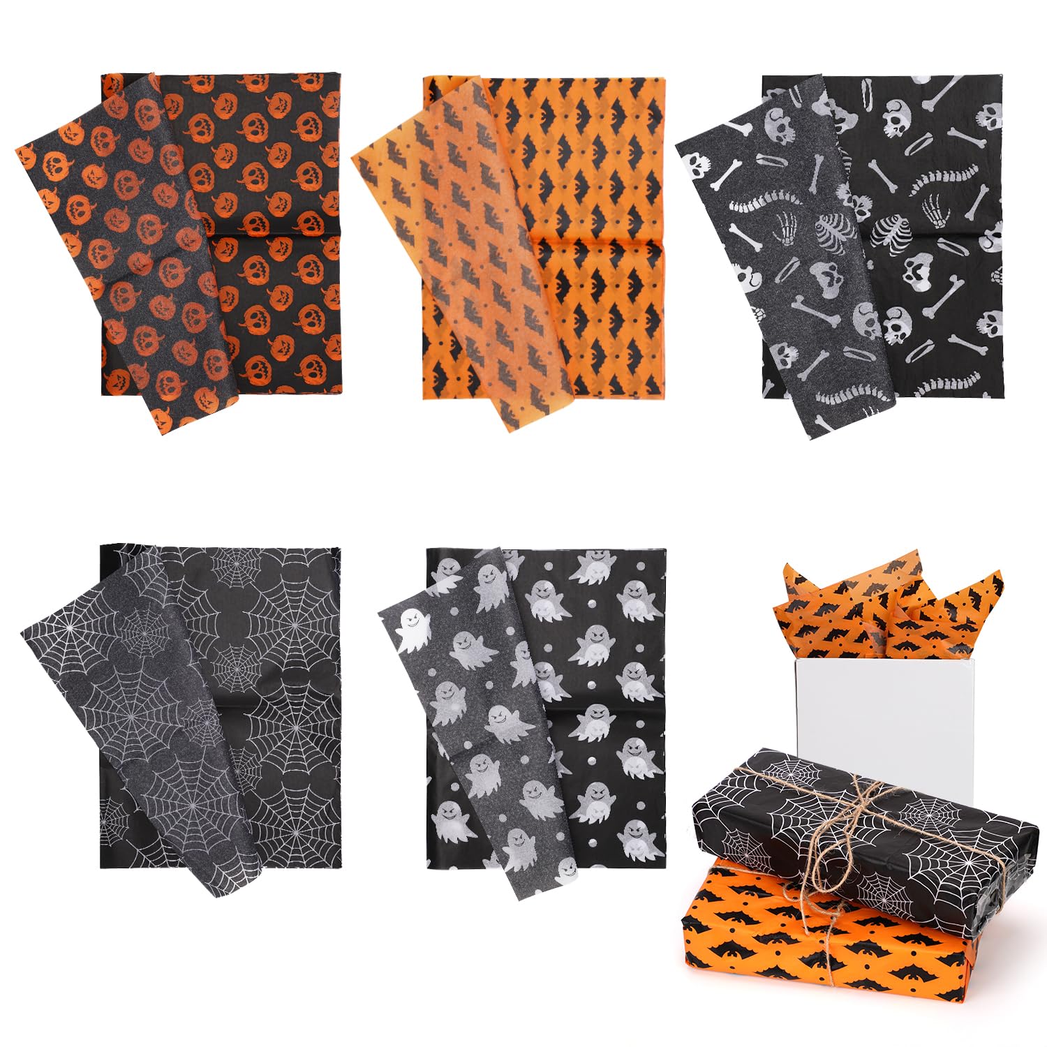 30 Blatt Seidenpapier 5 Designs 35x50cm Gespenster Kürbisse 30 Blatt Halloween Geschenkpapier - 5 Verschiedene Grusel-Designs Für Die Party Geschenkpapier Mit Gruselmotiven