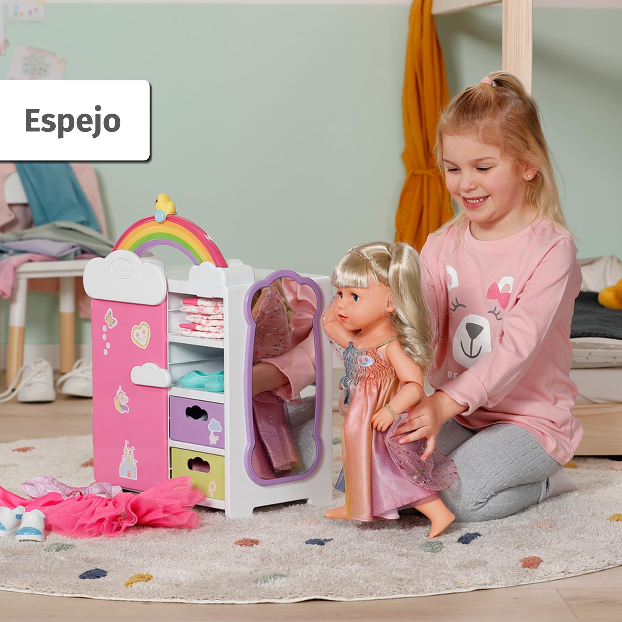 Armario arcoíris BABY born – con luz, Sonidos, cajones, Perchas y Pegatinas - Accesorios de Calidad para muñecas