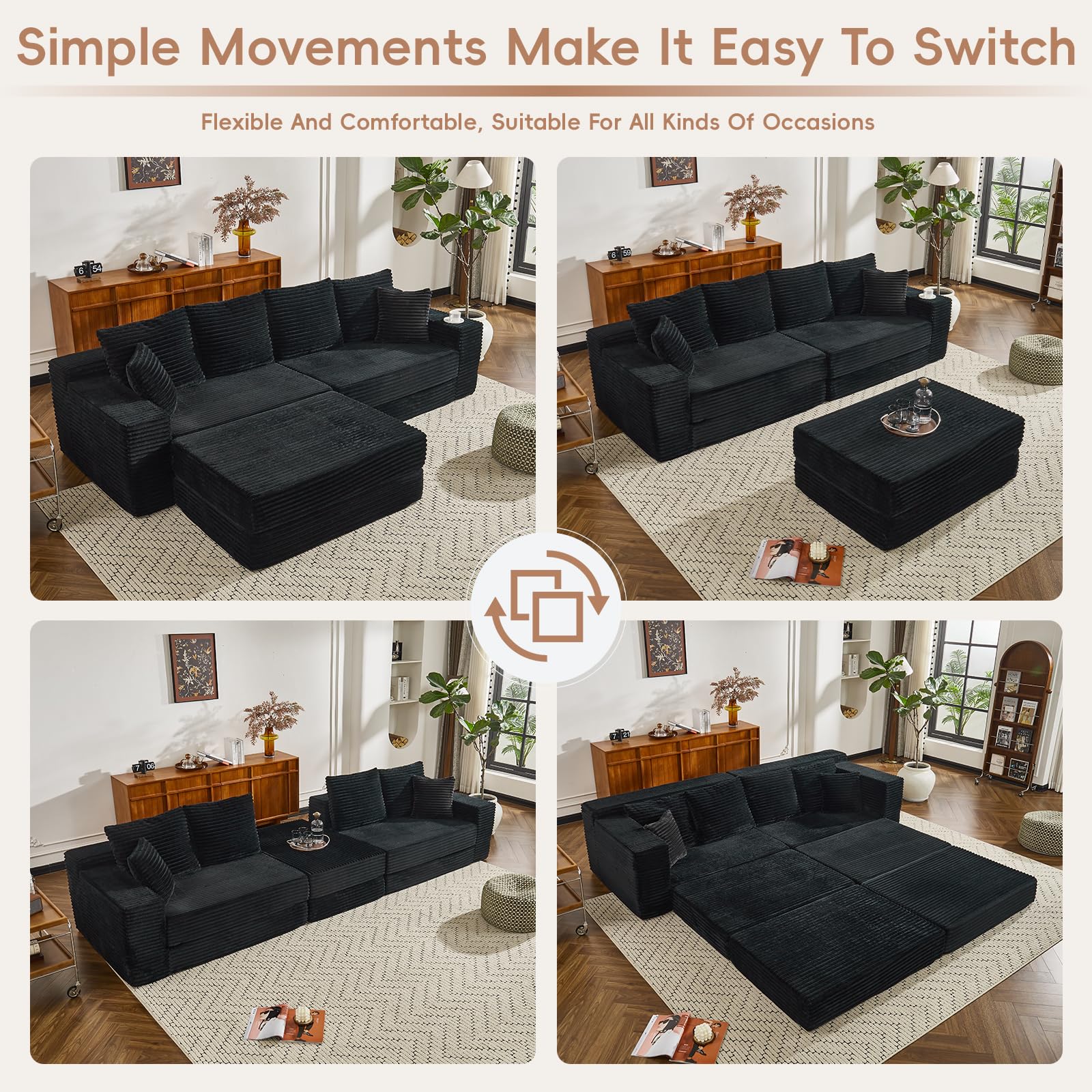OFXSJAR 106' Modular Cloud Sofa - Boneless Couch Convertible Sectional with High — product photo