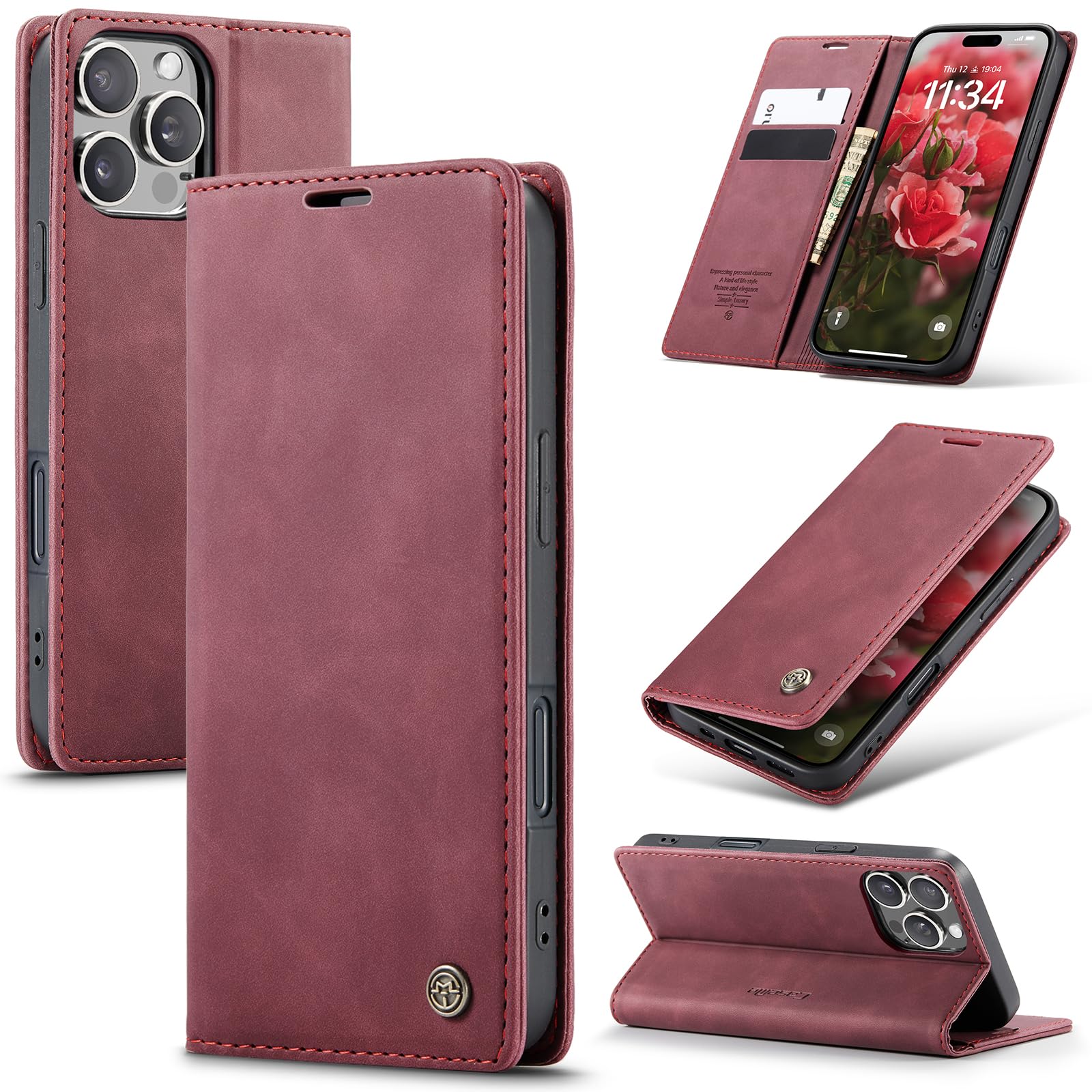 Samokor Cover per iPhone 16 Pro 5G Pelle Flip Custodia Cavalletto Portafoglio Magnetica Carta Fessura Antiurto per iPhone 16 Pro 5G,Vino Rosso
