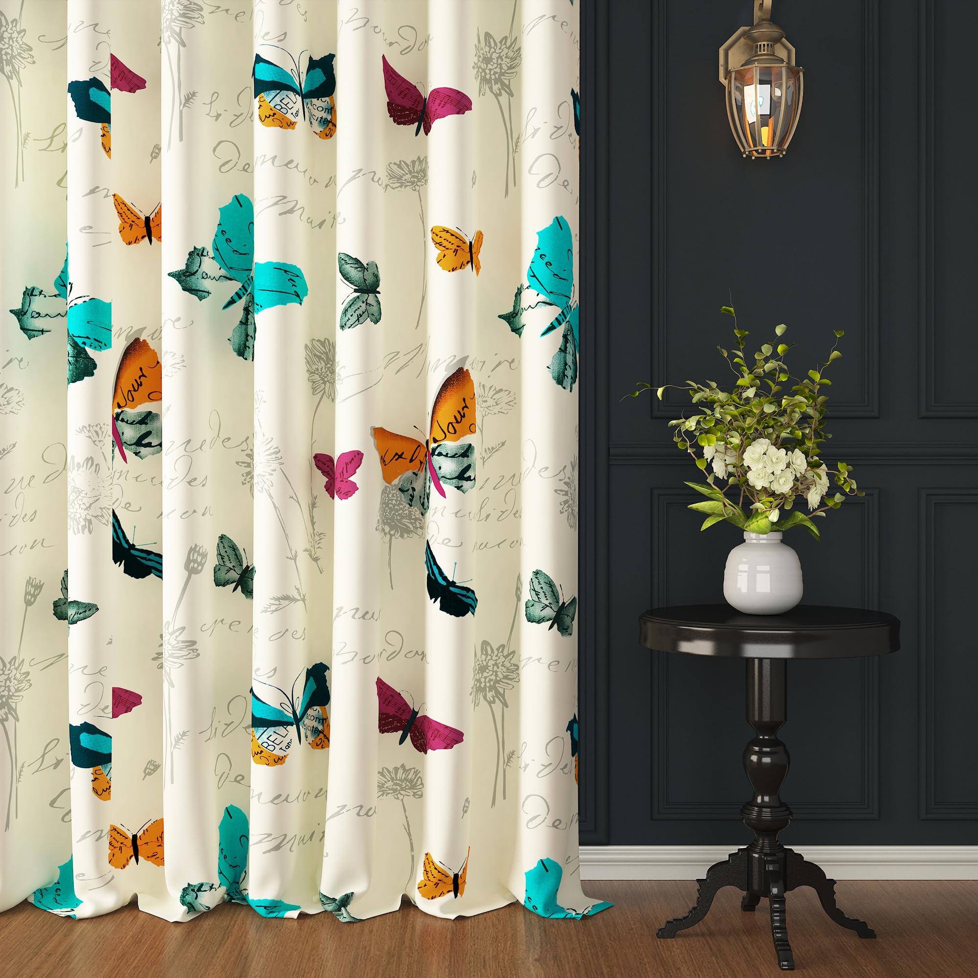 Curtains 5 Feet Long, 100% Cotton Window Curtains Canvas Fabric Tieback, Butterfly Print, Cream| 118 cm X 152 cm, 1 Piece
