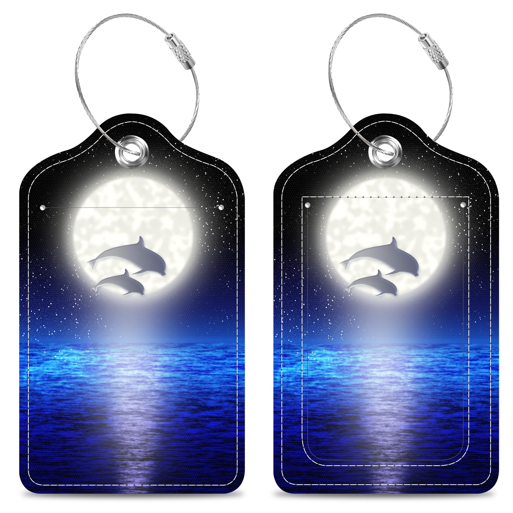 Set of 2 Luggage Tags Pair Jumping Dolphin on The Night Leather Suitcases Tag with Privacy Cover Stainless Steel Loop and Address Card for Women Men