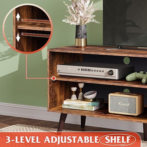 Miniatura 5 de WLIVE Soporte de TV moderno de mediados de siglo para TV de 55 pulgadas, centro de entretenimiento con almacenamiento, estantes abiertos consola de