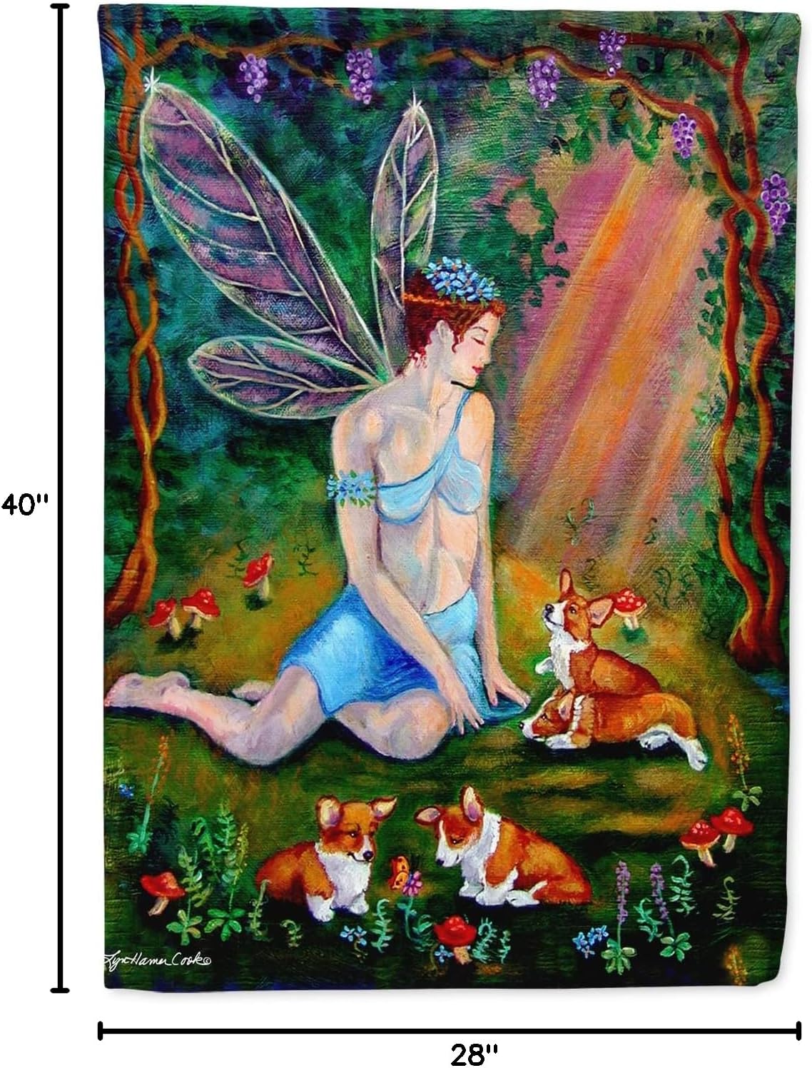 Caroline's Treasures 7295CHF Fairy in The Woods with her Corgis House Flag Large Porch Sleeve Pole Decorative Outside Yard Banner Artwork Wall Hanging, Polyester, House Size, Multicolor