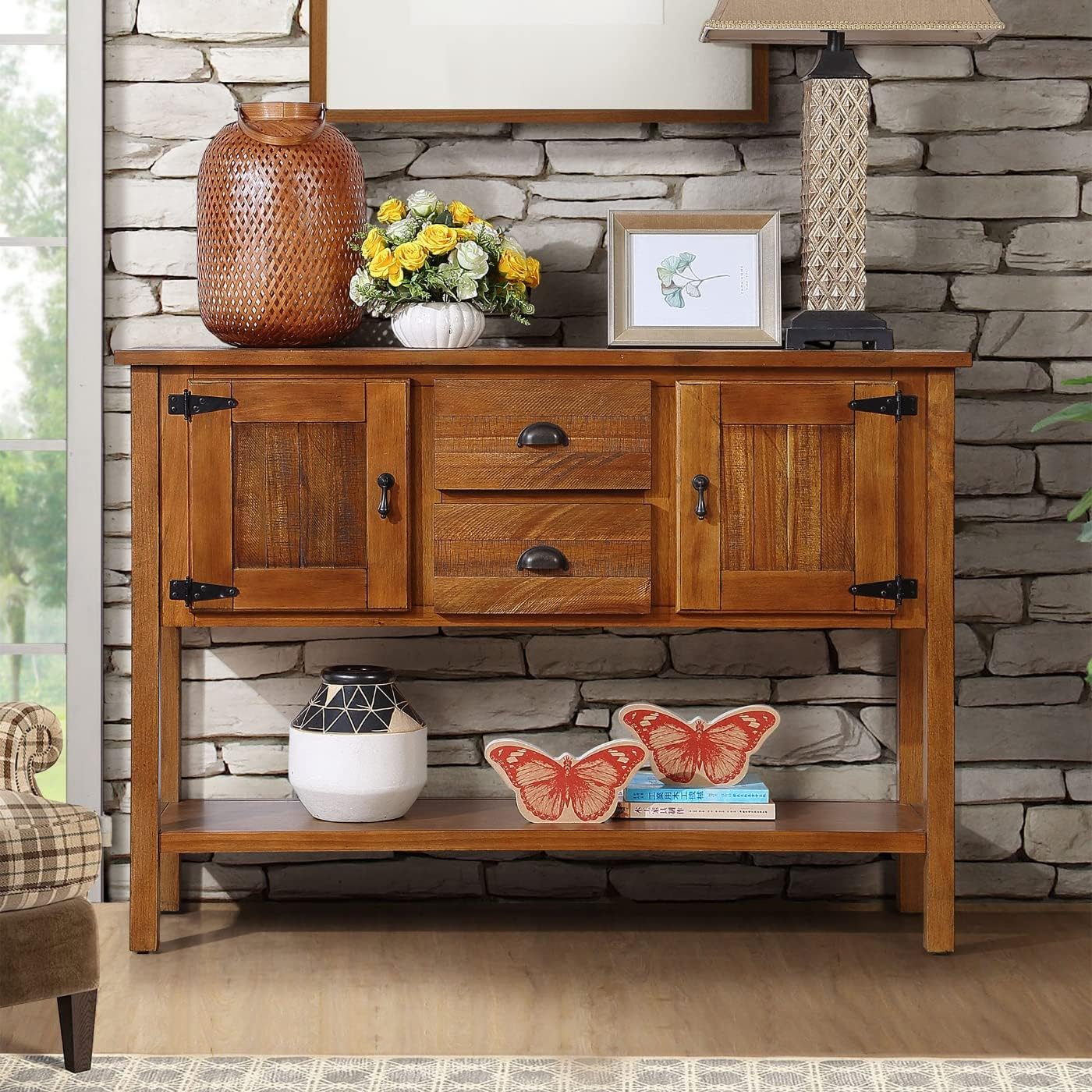 LKTART 46'' Solid Wood Sideboard Storage Cabinet with 2 Drawers Console Table Buffet Entry Server Cabinet for Living Room Dining Room Kitchen Hallway