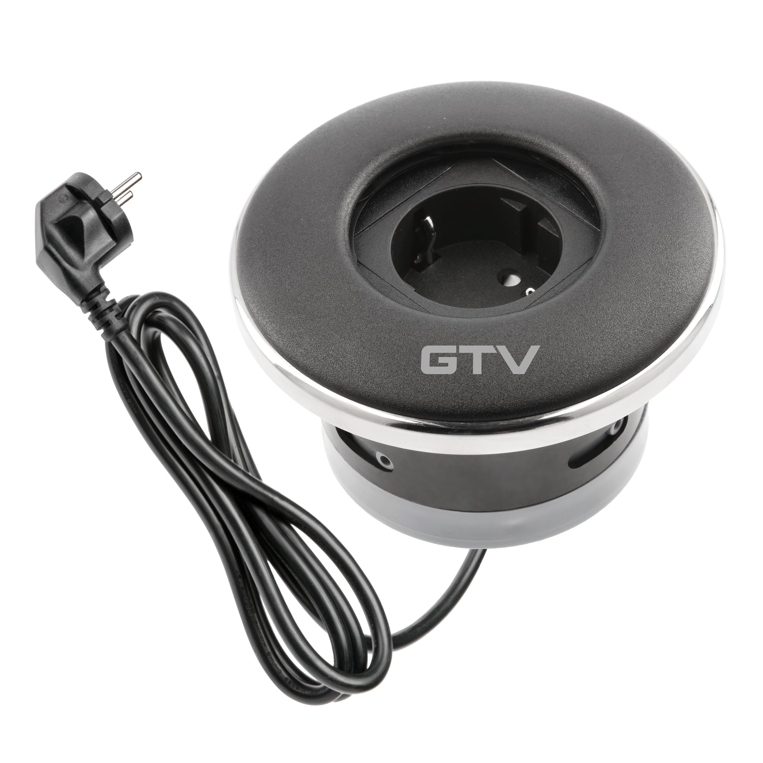 GTV - Presa per mobili SHUTTER, presa da incasso, 1 presa Schuko, con pratica chiusura, lunghezza cavo 1,5 m, colore nero, per scrivania, tavolo, cucina e ufficio