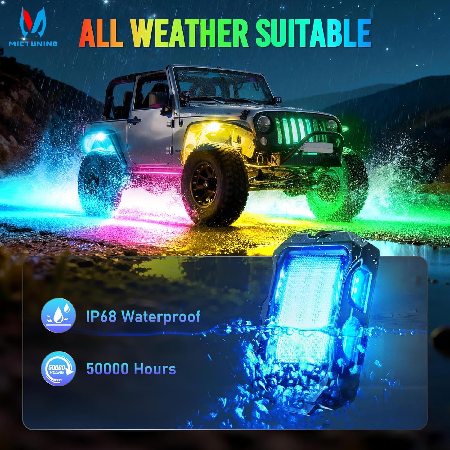 MICTUNING Q2 MAX RGB+IC Rock Lights - 12 Pods Multi-Color Zone Chasing Ultra-Bright Underglow Neon Kit, Individual Group Programming, APP Music Sync & DIY Effects, IP68 Waterproof