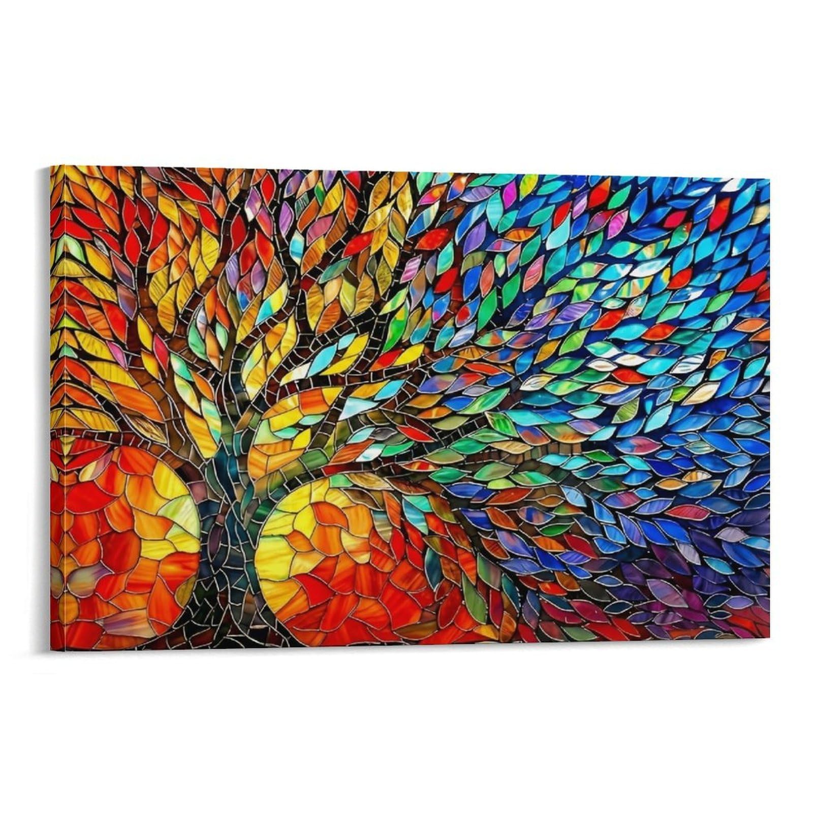 CPLVKWRQJ Stained Glass Tree Individual Rainbow Leaf Tree Mosaic Stained Glass Work Canvas Print - Bedroom Canvas Painting Easy to Clean Statement Piece Decor 12x18inch(30x45cm)