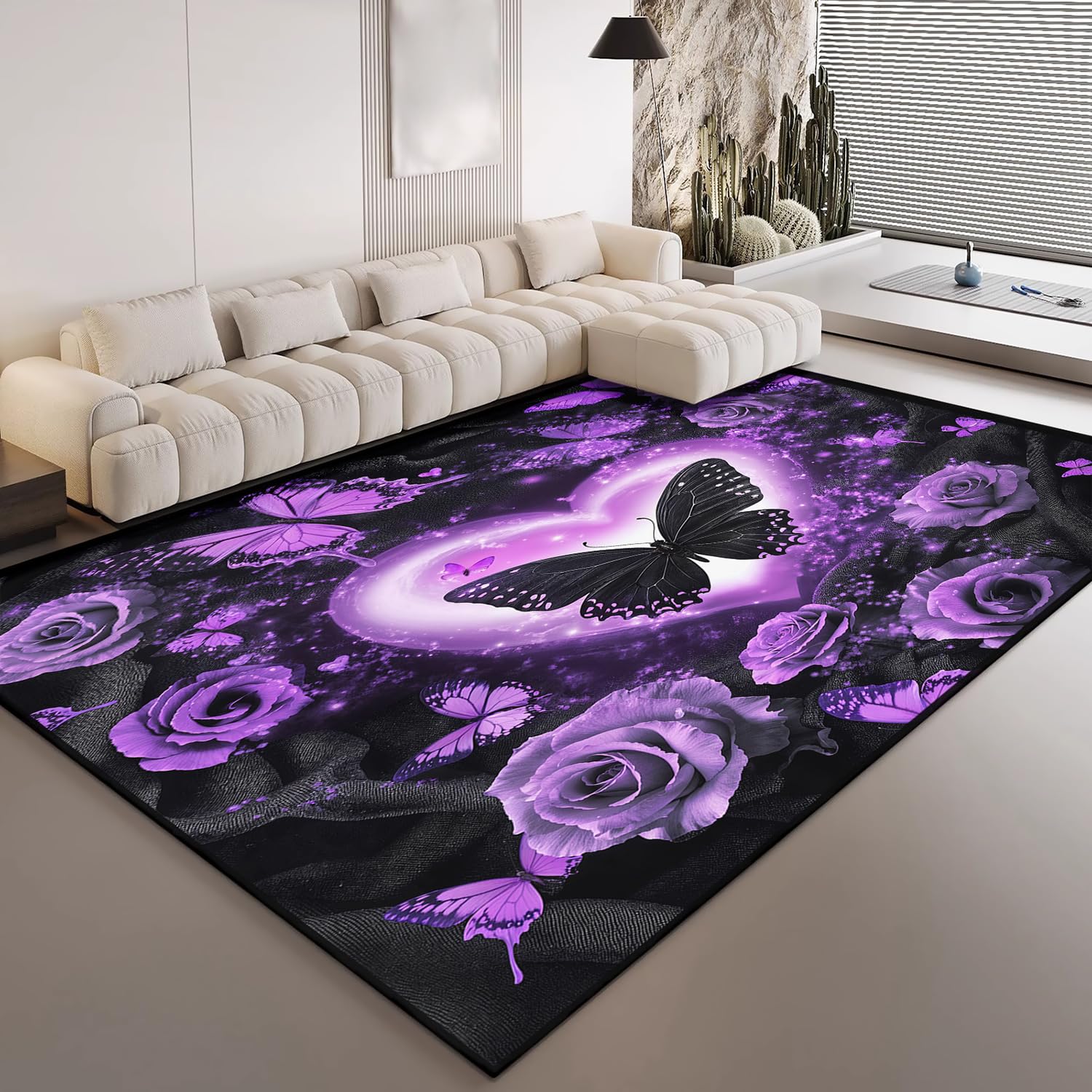 HOSIMA Weiche Bodenmatte, Lila Schmetterlingsdruck Schlafzimmer, rutschfeste, flauschige, waschbar