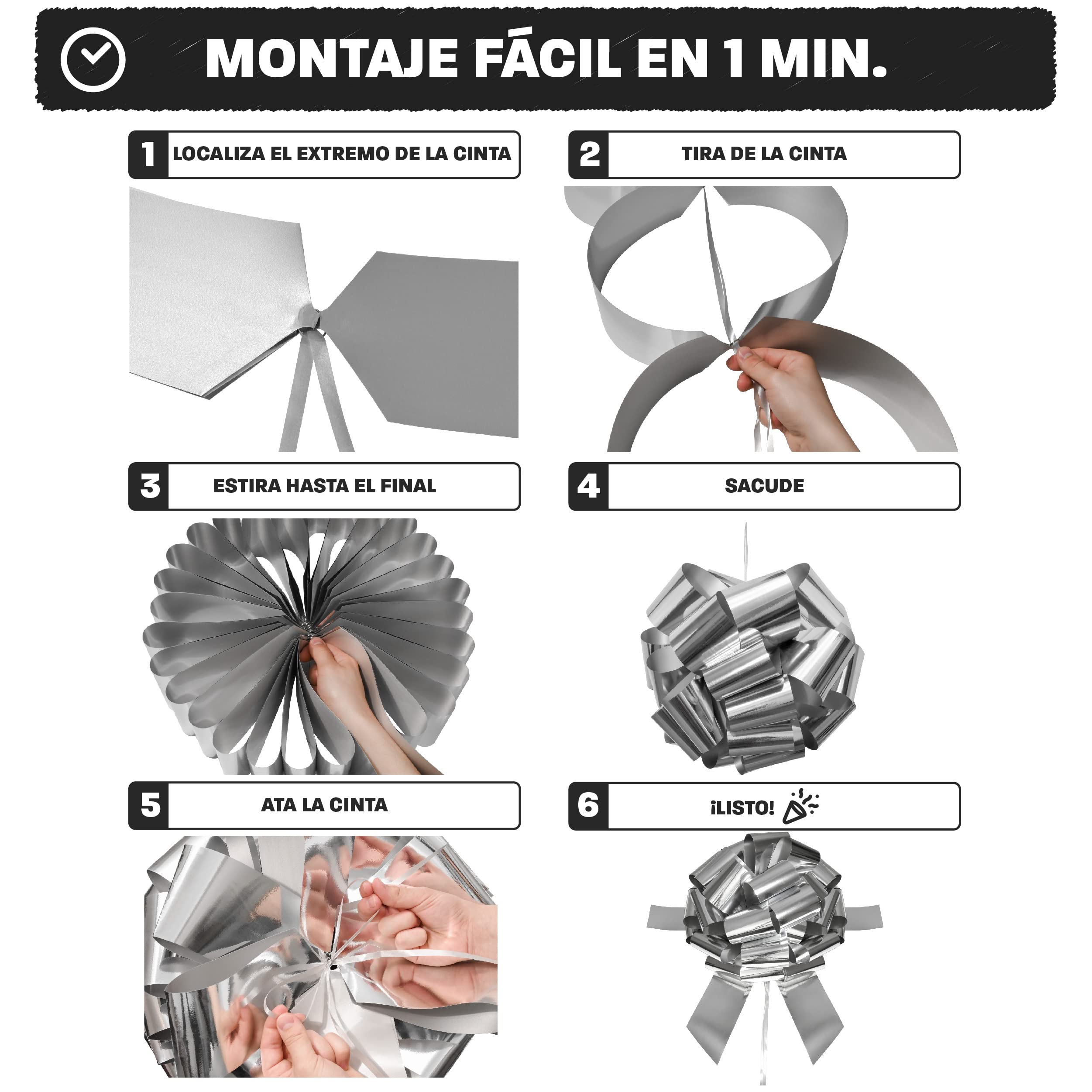 Praknu Lazo Gigante de Regalo para Coche - XXL ø 40 cm - Reutilizable - Plateado