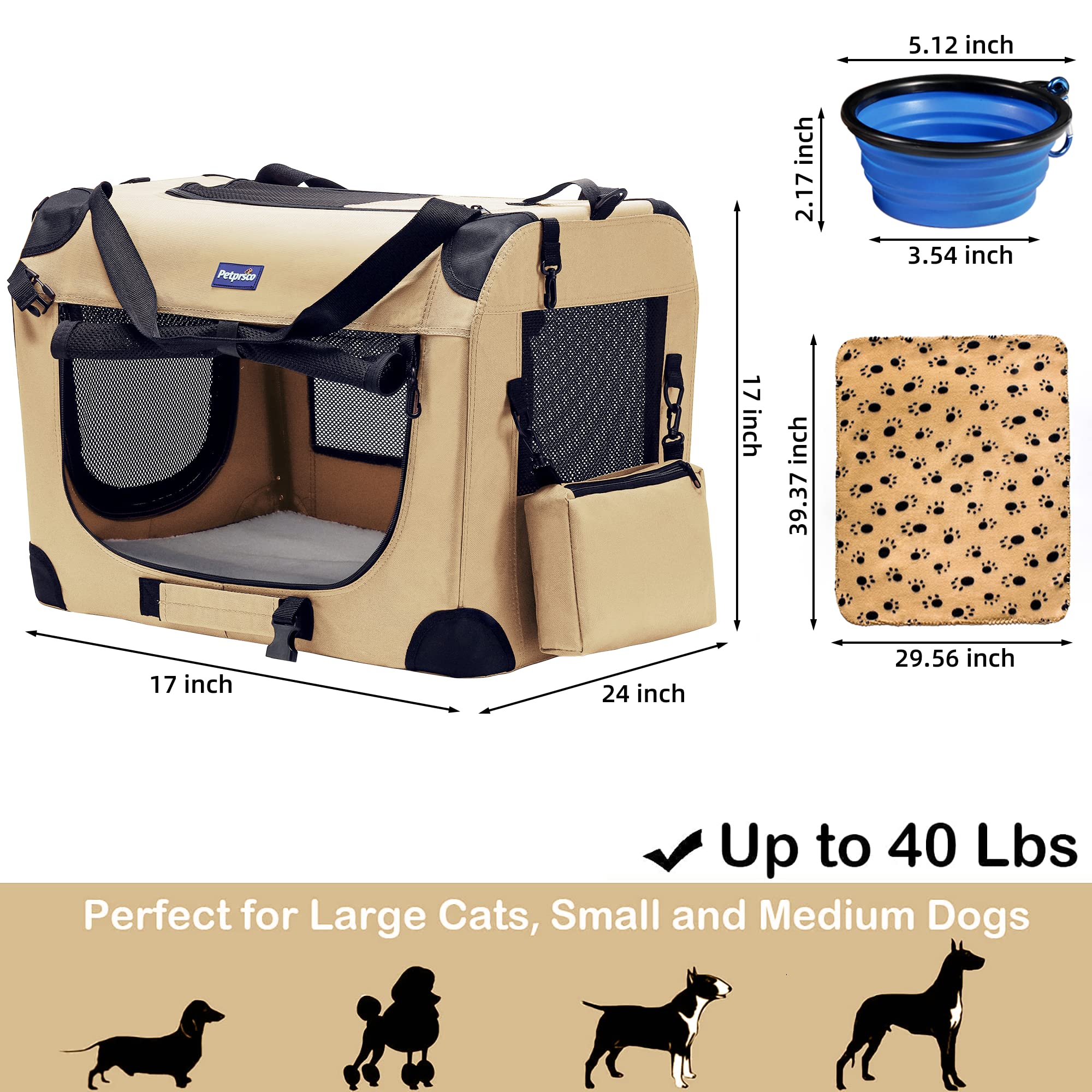 Petprsco Portable Collapsible Dog Crate, Travel Dog Crate 24x17x17 with Soft Warm Blanket and Foldable Bowl for Large Cats & Small Dogs Indoor and Outdoor