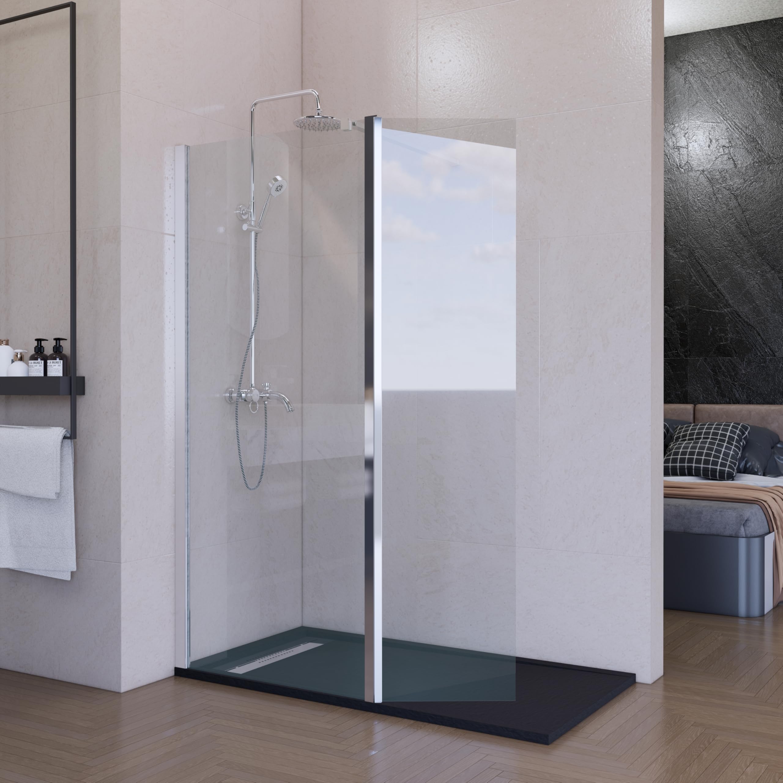 Mampara de Ducha Fija con Panel Abatible Cromo 60 cm + 40 cm – Cristal Templado 8 mm Antical – Mampara Walk In Reversible para Baño Moderno – HOGAKIS