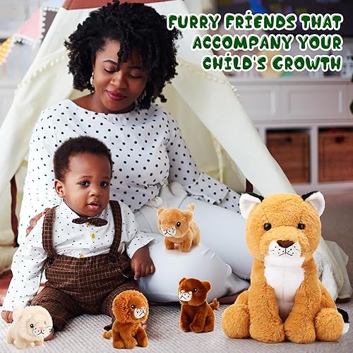 Miniatura 6 de Honoson Juego de 5 piezas de peluche de león grande de 14 pulgadas con 4 lindos leones bebés en su espalda con cremallera, suave peluche de león