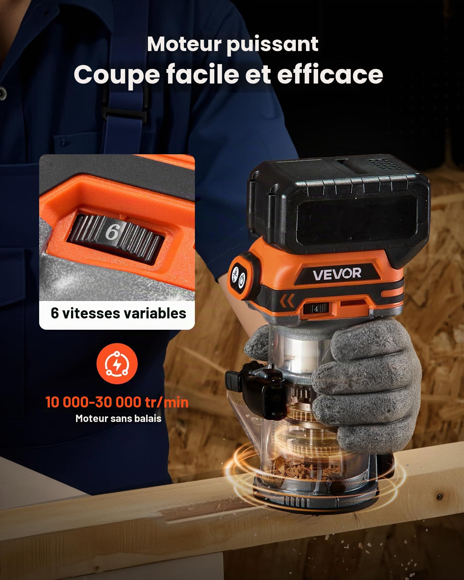 VEVOR Affleureuse sans Fil Moteur sans Balais Défonceuse Compacte 6 Vitesses Variables pour Travail Bois, Compatible avec Batterie 18 V Makita Non Incluse, avec Base Fixe, Capot d'Aspiration Poussière