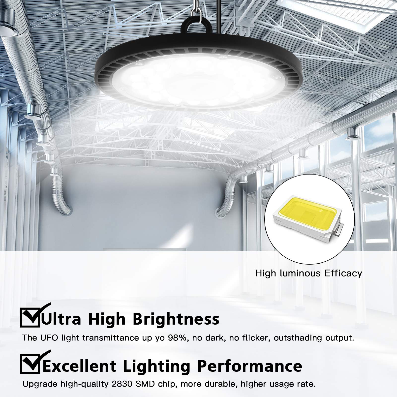 6 Stück 300W UFO LED Werkstattlampe, 30000LM Hallenstrahler 6000K Kaltweiß | IP65 Wasserdicht, 120° Strahl, 288 LEDs Superhell Industrielampe für Fabriken Garage Lagerhaus