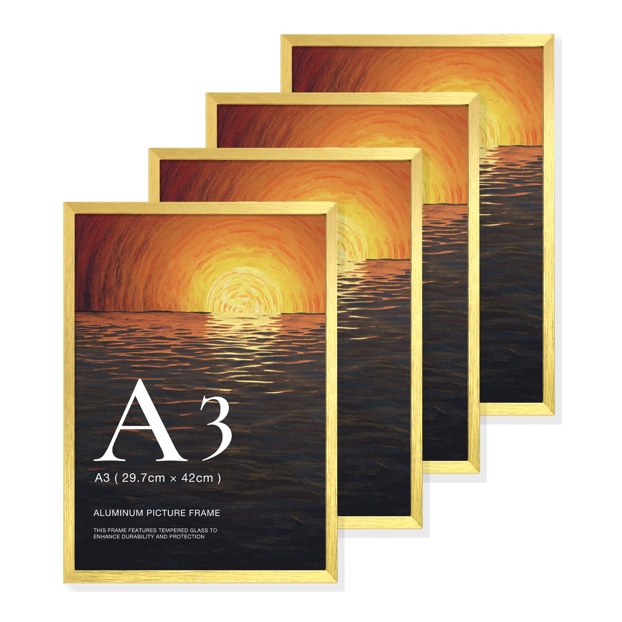 Livingtaste Brushed Gold A3 Picture Frame Aluminium, Set Of 4 29.7X42 cm Photo Frame With Plexiglass Front, For Posters, Certificates, Art Prints And Wall Display