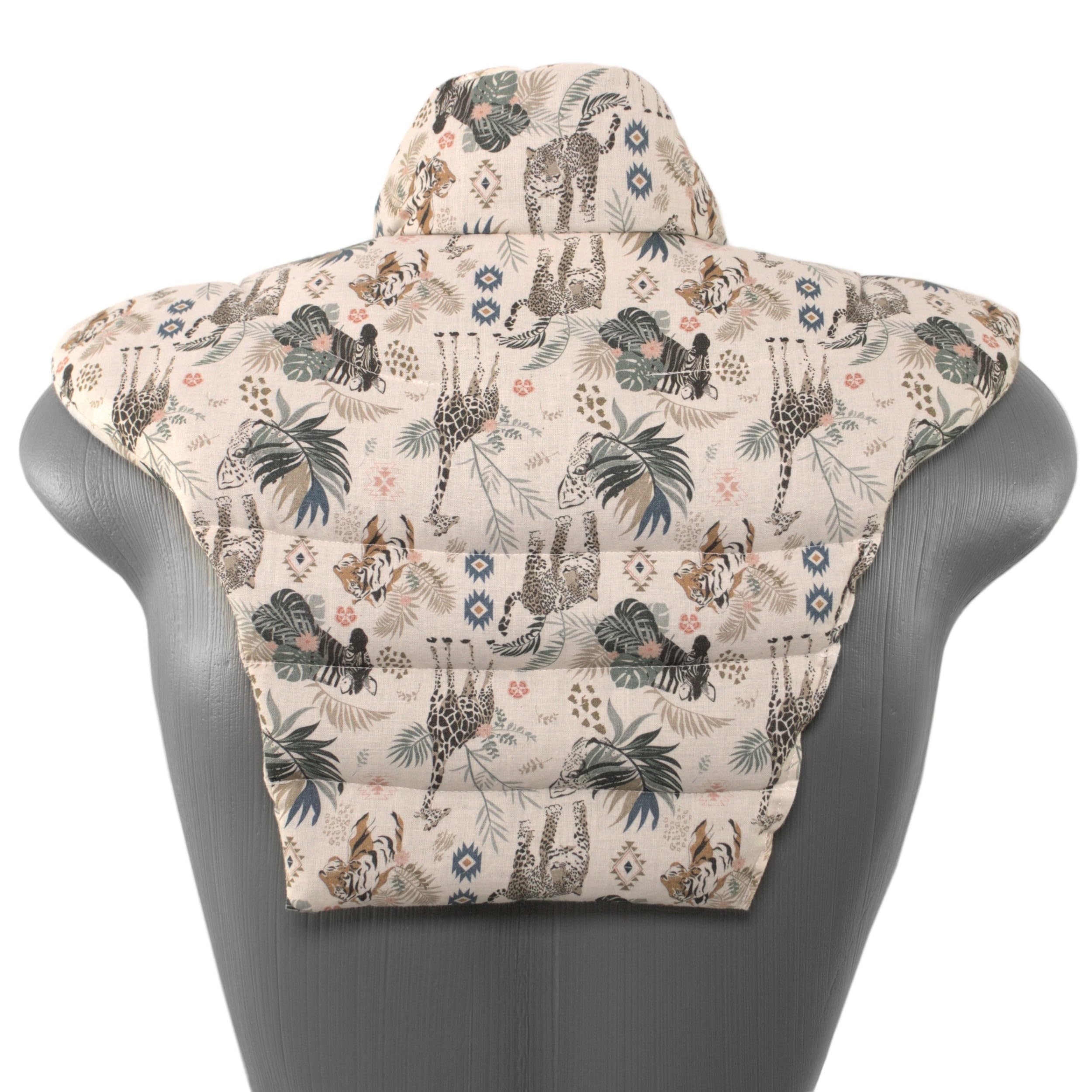 Cojín térmico para las vértebras cervicales – Cuello+hombros+espalda. Algodón biológico animales salvajes. Almohada térmica cervical con semillas de grosella. Saco caliente y frio. Cojín de nuca