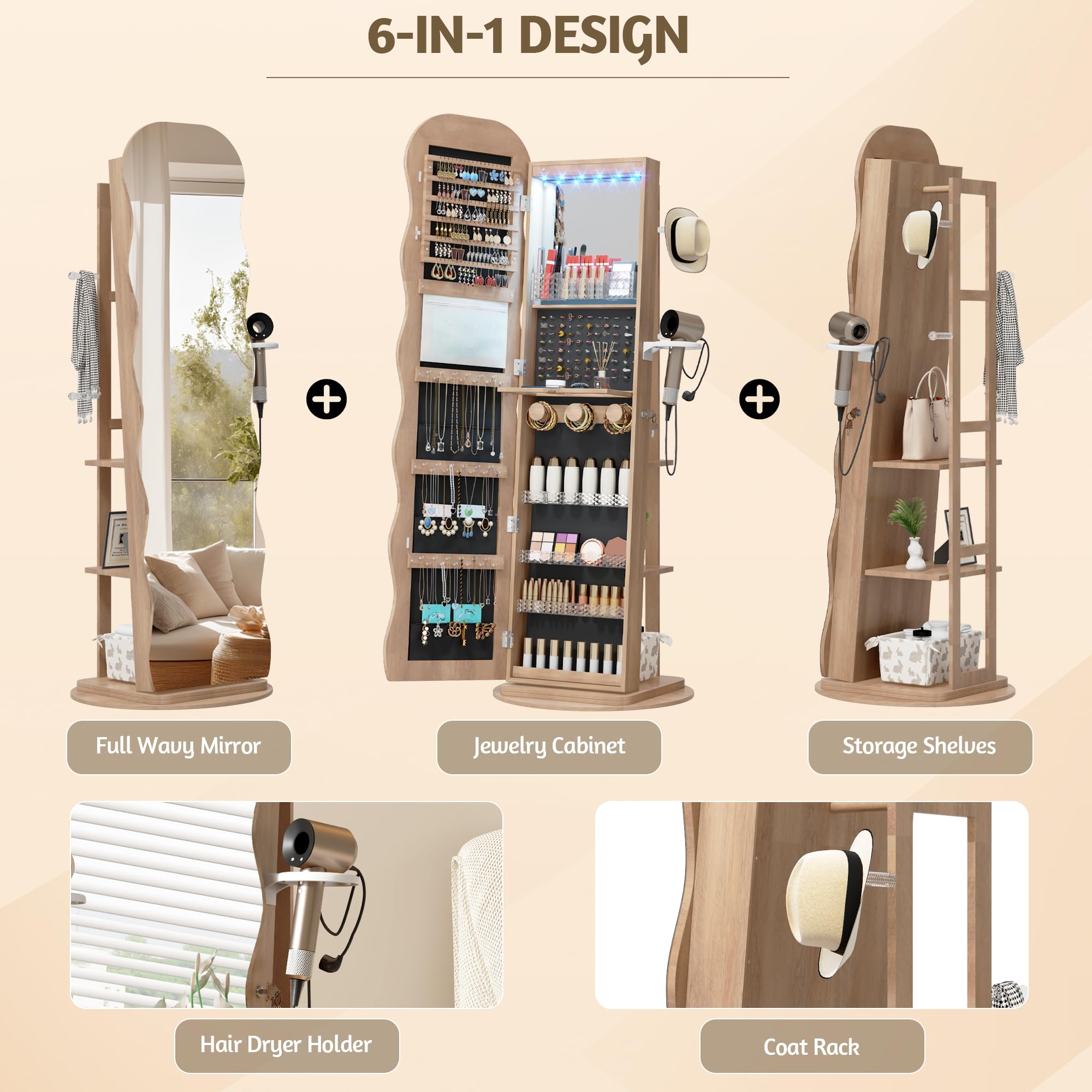 LVSOMT Armoire à bijoux LED avec Miroir Ondulé, Rotative à 360° Armoire à bijoux Verrouillable, Armoire Miroir Debout pour Salon et Chambre à coucher, étagère à 3 niveaux et 3 crochets, Bois Naturel
