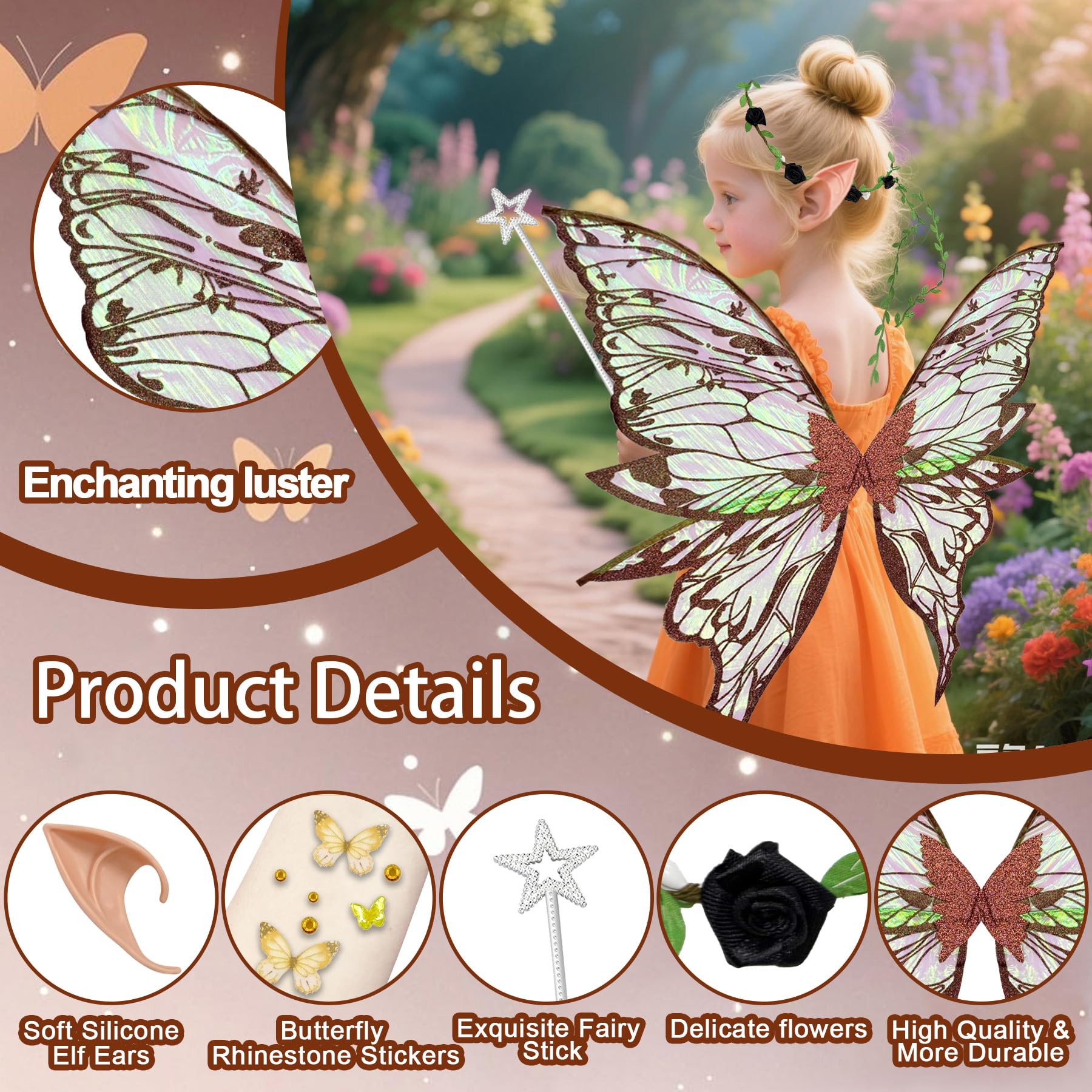 YeahBoom Children's fairy wings, butterfly wings with elf ears, fairy headband and star fairy wands, butterfly wings - Image 3