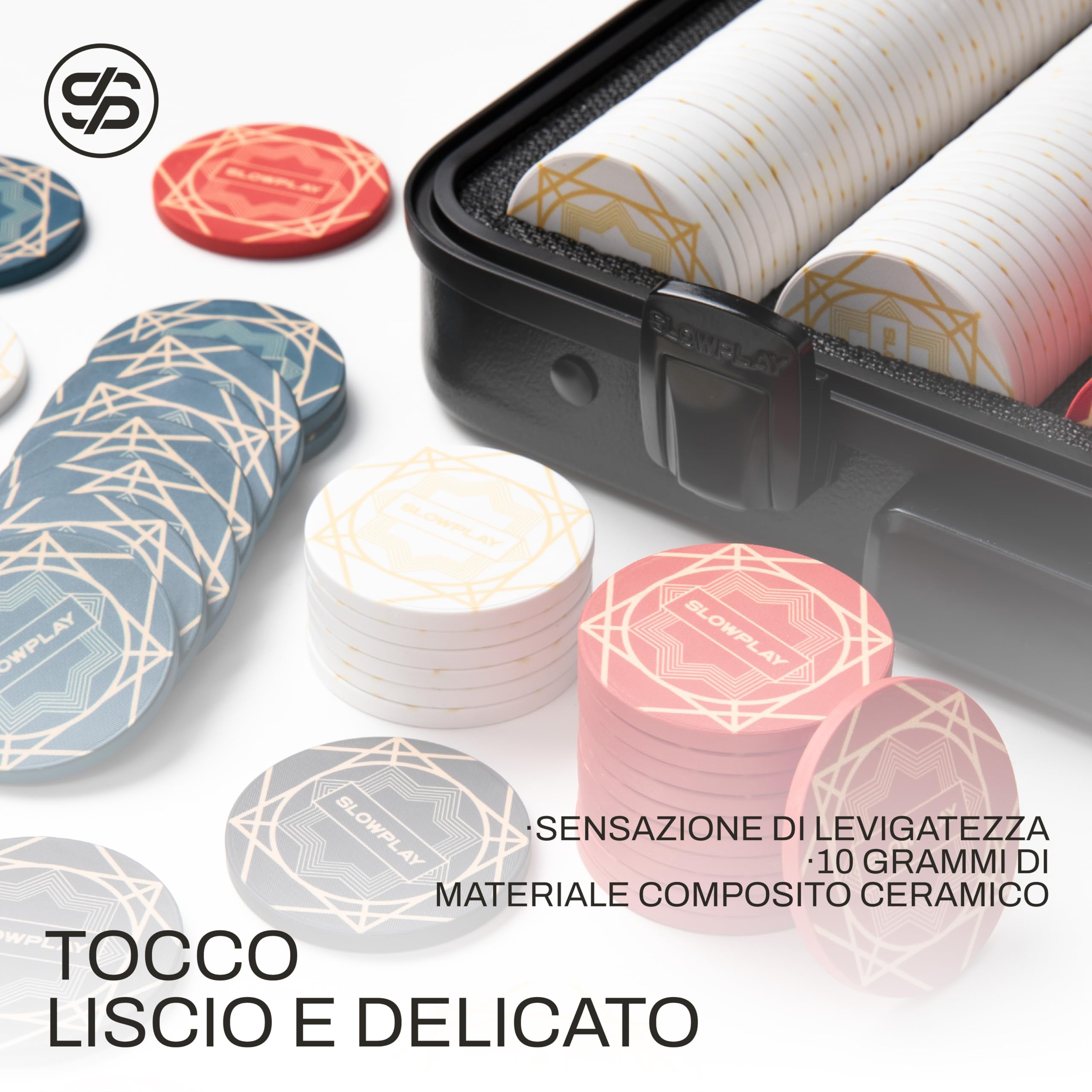 SLOWPLAY Nash - Set di fiches da poker in ceramica per Texas Hold'em, 300 pezzi [con valori numerati], 43 mm e 12 g ciascuno, con custodia di fascia alta in policarbonato tedesco
