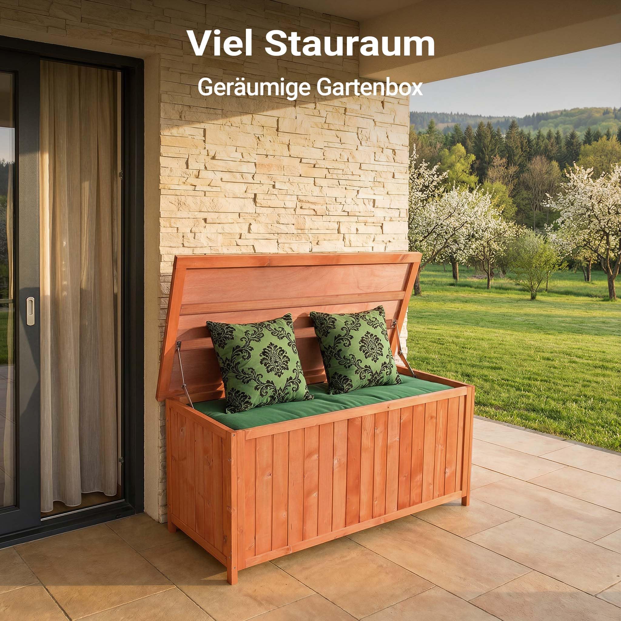 Wiltec Gartenbox aus Holz 127 x 55 x 60 cm Aufbewharungsbox mit Deckel Gartenschrank für Geräte Spielzeug Kissenbox Auflagenbox Fichtenholz