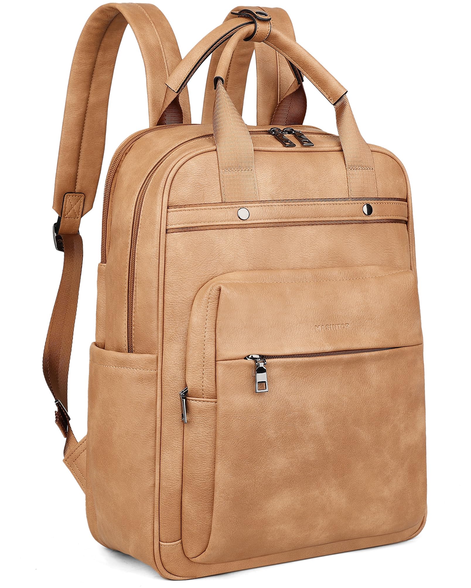 MASINTOR Leather Laptop Backpack for Women, Stylish Computer Backpack College Business Work Shoulder Bags Work and Travel Retro Camel