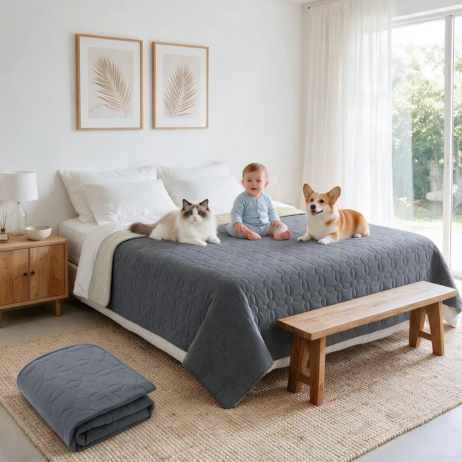 Manta impermeable para perros, 208 × 208 cm, manta para perros para sofás y camas, lavable a máquina, impermeable y antideslizante, suave, duradera y cálida, color gris