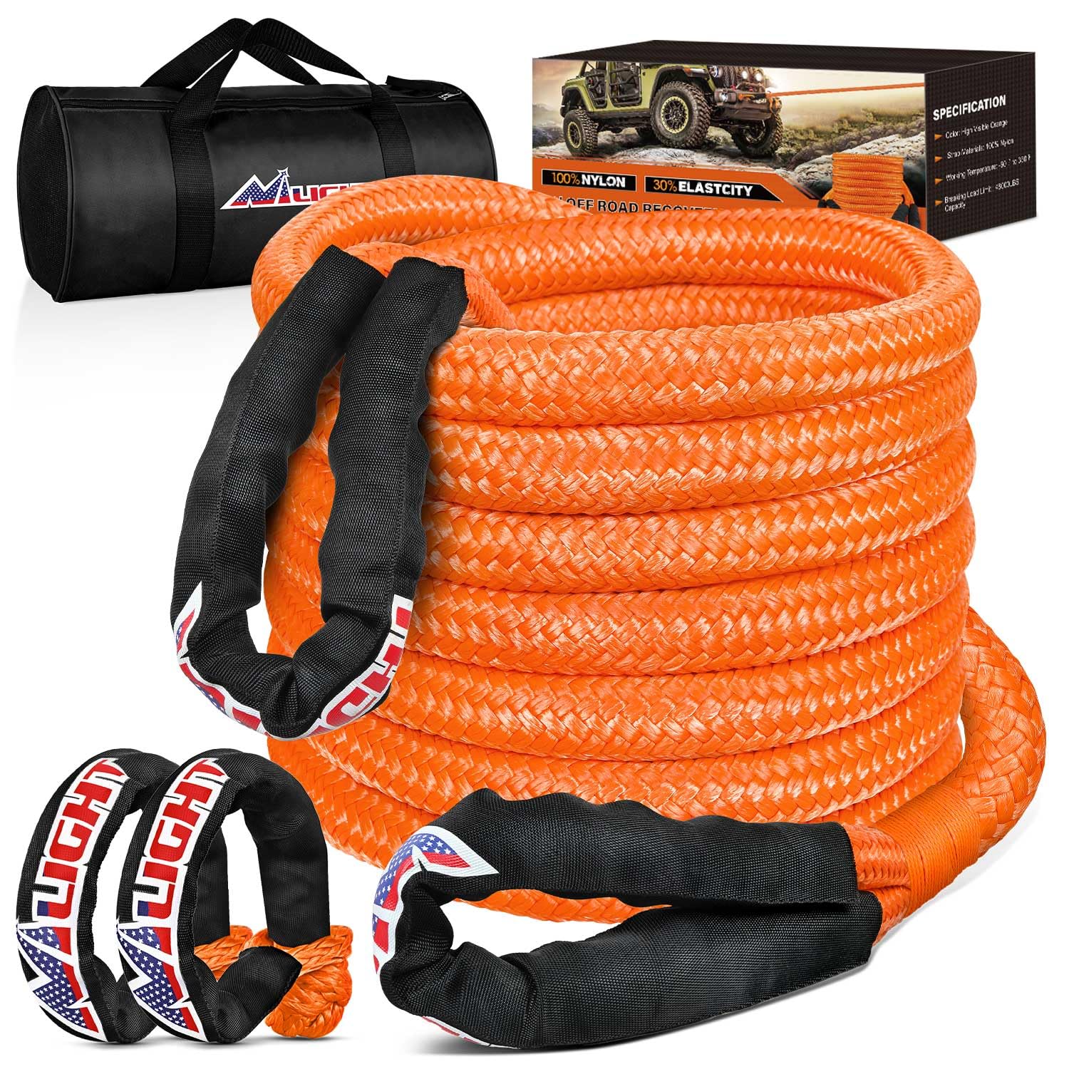 Nilight Kinetic Recovery Rope Kit with Soft Shackle Towing Strap