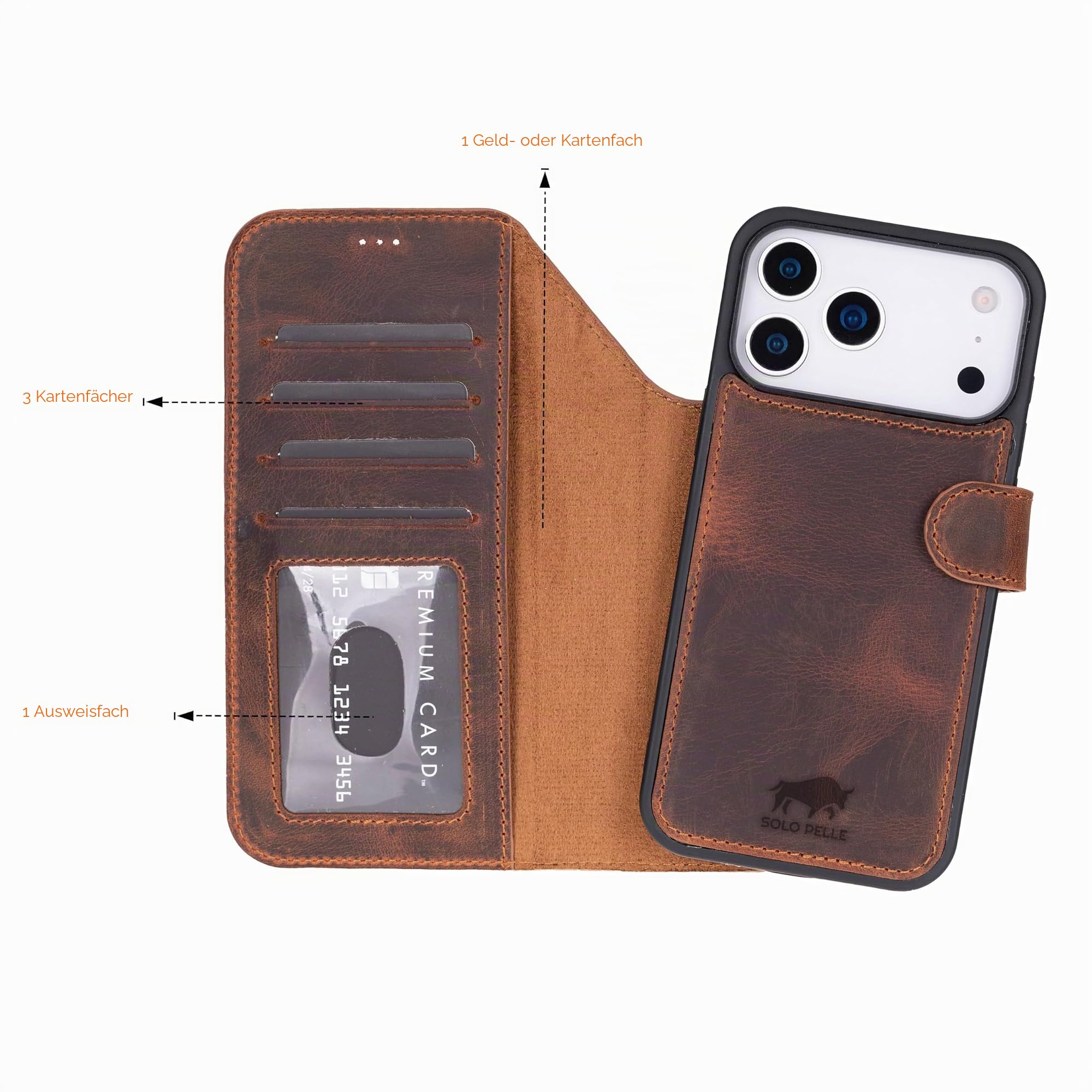 Solo Pelle Lederhülle kompatibel für iPhone 17 Pro Max in 6.9 Zoll abnehmbare Hülle (2in1) inkl. Kartenfächer geeignet für MagSafe Zubehör (Vintage Braun)