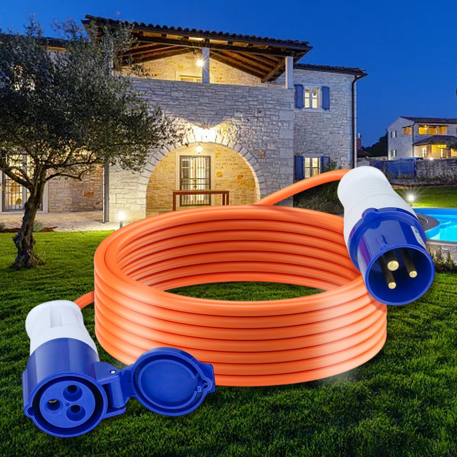 CEE Verlängerungskabel 25m - Robustes Wohnwagen Kabel, 16 Ampere 240V Campingkabel - Gut Sichtbares Orangefarbenes - Camping Stromkabel Ideal für Wohnmobil (25 Meter)