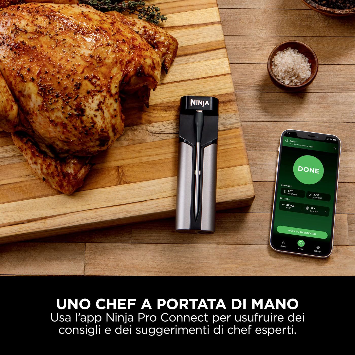 Ninja ProChef Termometro a Sonda Wireless per Carne, per Grigliare e Friggere ad Aria, con Bluetooth, Durata Batteria di 30 ore, Controllabile con App, Resistente al Calore, Impermeabile, WP100EU
