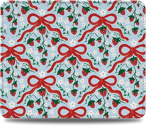Cute Bow Strawberry Mouse Pad, Trendy Girly Aesthetic Mouse Pads, Non-Slip Mousepad Gift, Blue Funny Girly Mouse Mat Desk Accessories for Computer