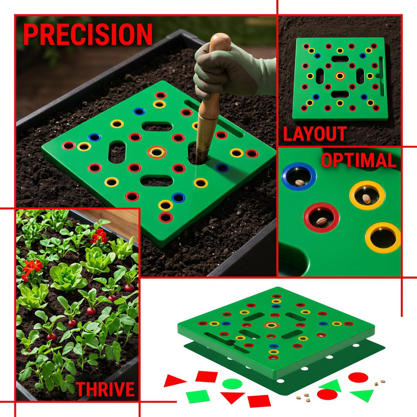 Pflanzabstandswerkzeug, 11,8 x 11,8 x 1,0 Zoll Square Foot Gardener mit farbcodierten Pflanzlöchern, Pflanzset mit Trichter und Dibber für Gemüsegarten und Anzuchtbeete
