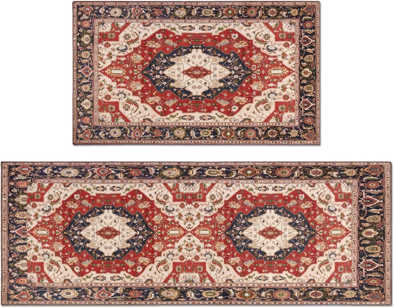 Boho Kitchen Rugs Sets of 2, Vintage Washable Kitchen Runner Mats for Floor, Non Slip Comfort Standing Holiday Decor Mat for Sink, Laundry, Office 17"x 47"+17"x 30"