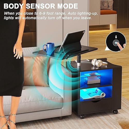 Miniatura 5 de HNEBC Mesita de noche LED con estación de carga inalámbrica, mesita de noche con mesa giratoria ajustable, mesitas de noche con un cajón y 2