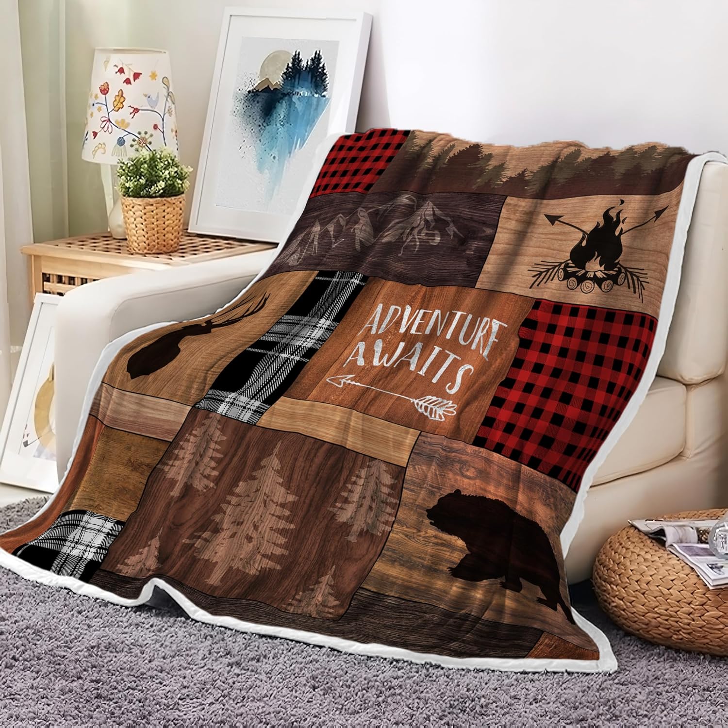 Rustic Cabin Throw Blankets, Retro Farmhouse Throw Blankets Black Bear Elk Forest Animal Blankets, Soft, Flannel, Warm, Brown Patchwork Country Lodge Fleece Throw Blanket Decor for Bedroom 50X60 Inch