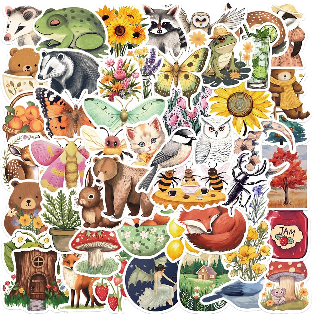50 Pcs Forest Woodland Wildlife & Botanical Stickers, Waterproof Vinyl Cottagecore Nature Jungle Decals for Laptop, Water Bottle, Journal, Scrapbook &