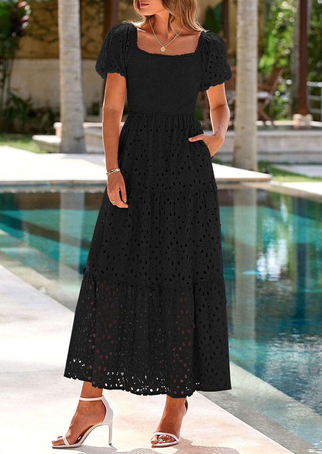 PRETTYGARDEN Summer Dresses for Women 2026 Eyelet Square Neck Puff Sleeve Smocked Wedding Guest Maxi Dress with Pockets - Image 8
